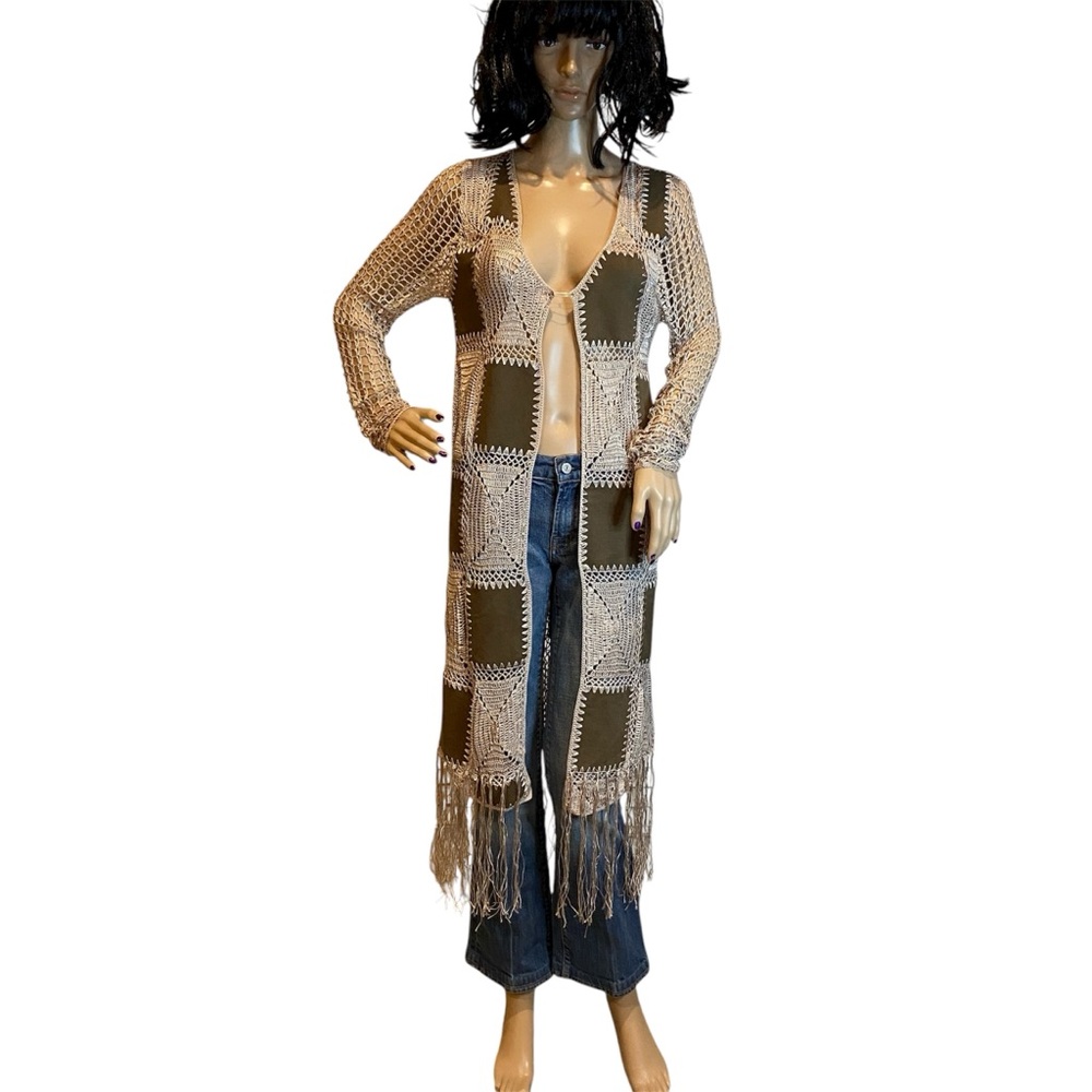Gimmicks by BKE Long Fringe Duster Crochet + Faux Leather Squares Size Small EUC